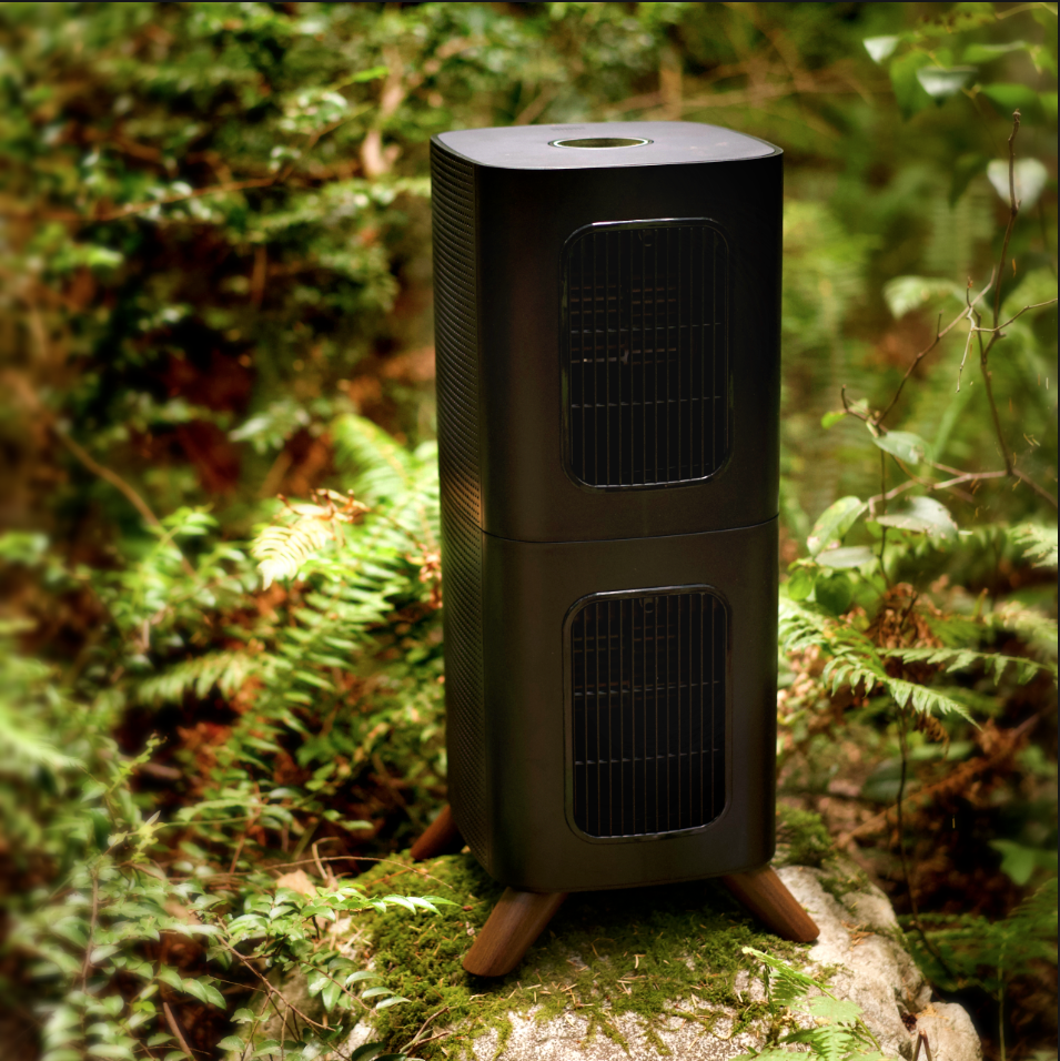 Black air purifier on a mossy rock in a forest setting.