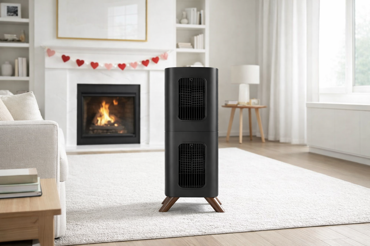 A black air purifier stands on a rug in a living room with a lit fireplace.