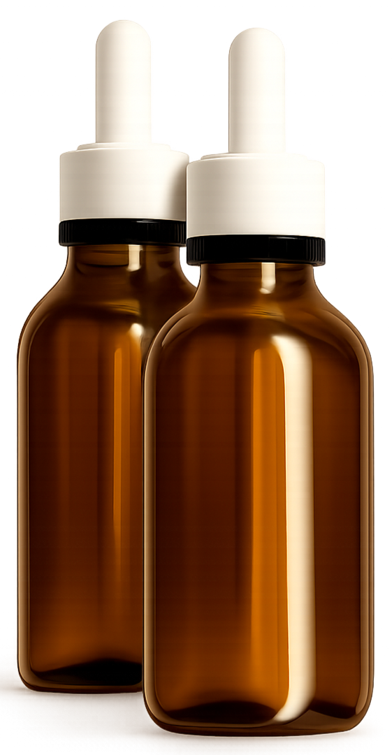 Two brown dropper bottles with white caps on a neutral background.