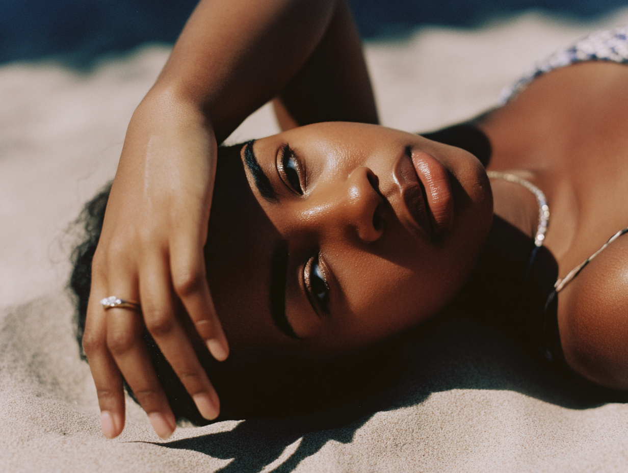 A person lying on the sand, hand shielding eyes from the sun.