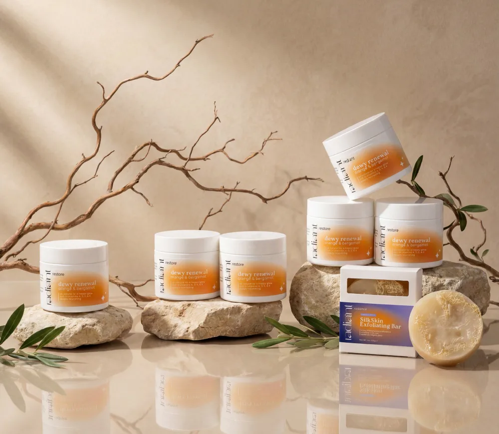 Skin care jars and soap bar on stone surfaces with twigs.