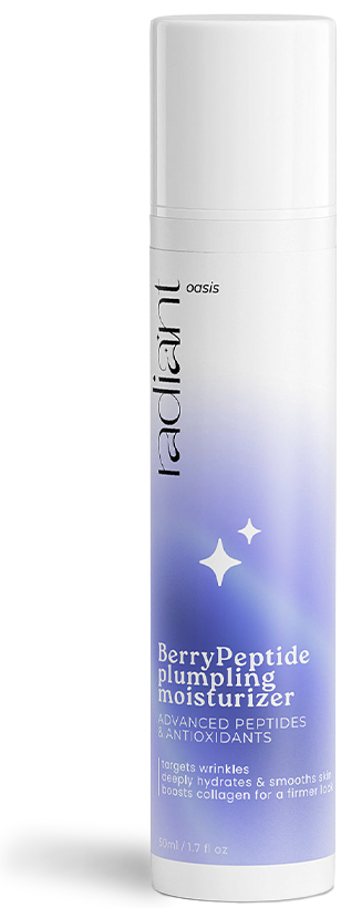 Bottle of Radiant BerryPeptide plumping moisturizer with gradient purple and white design.