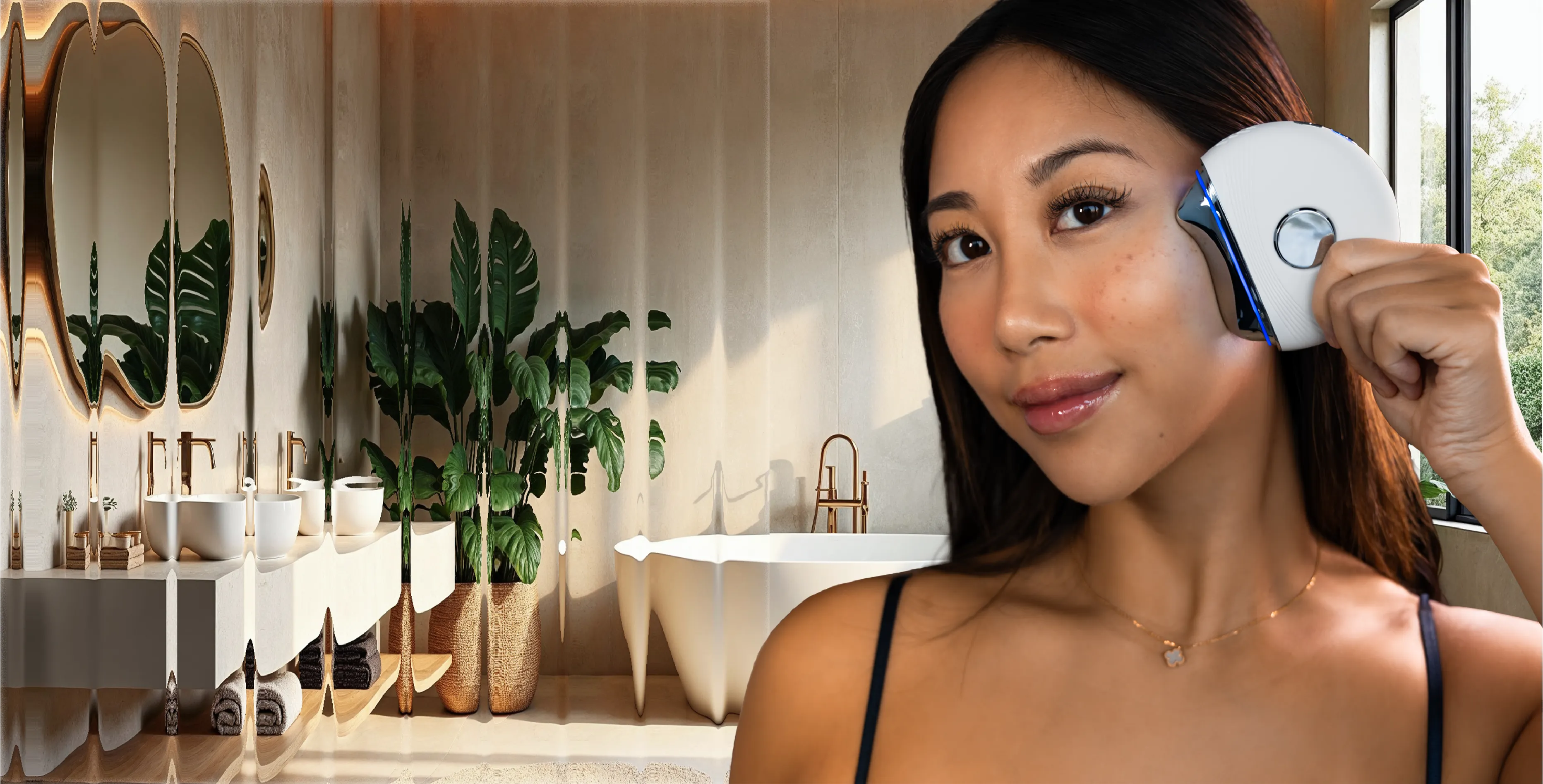 Woman using a skincare device in a modern bathroom.