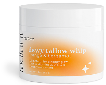 White jar labeled 'dewy tallow whip, orange & bergamot,' with text on benefits and size information.