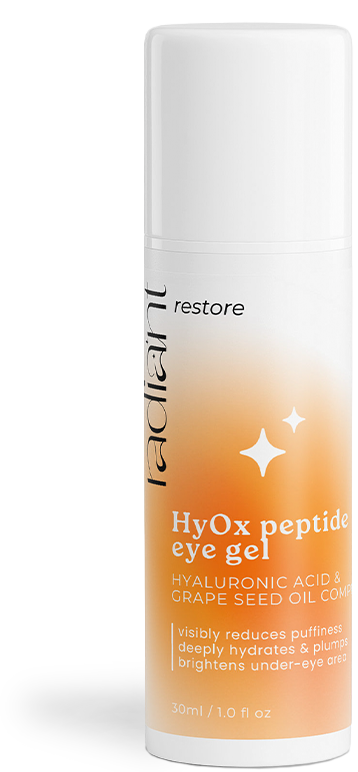 Bottle of radiant HyOx peptide eye gel with gradient white to orange label.