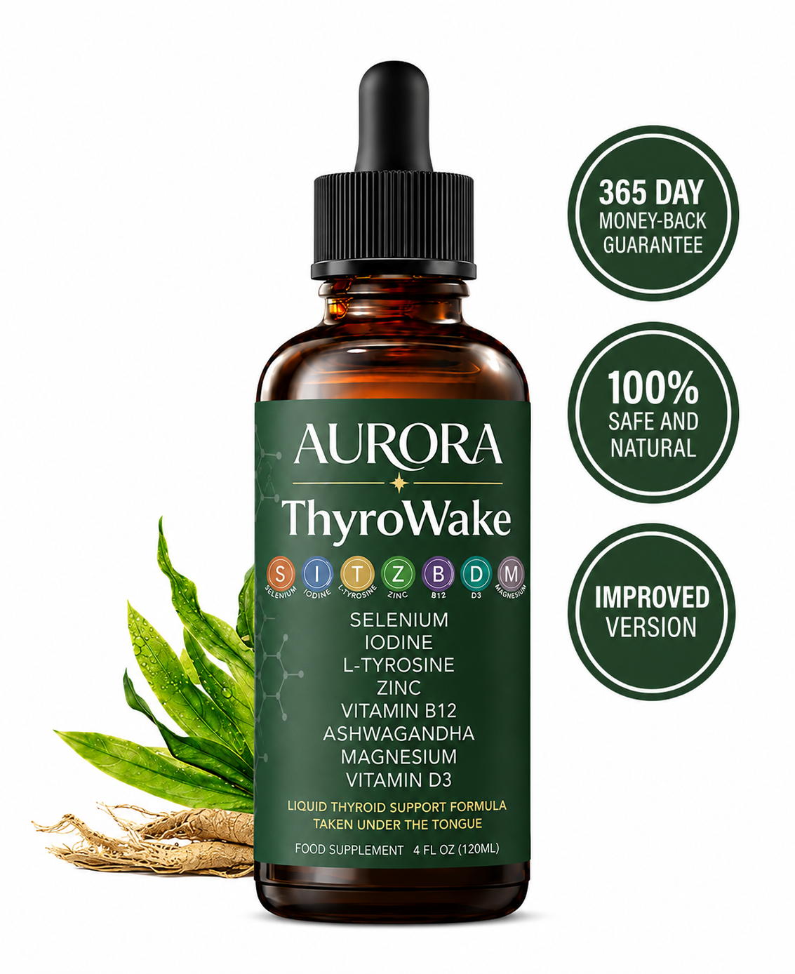 A bottle of Aurora ThyroWake liquid thyroid supplement with a dropper, next to herbs and promotional badges.
