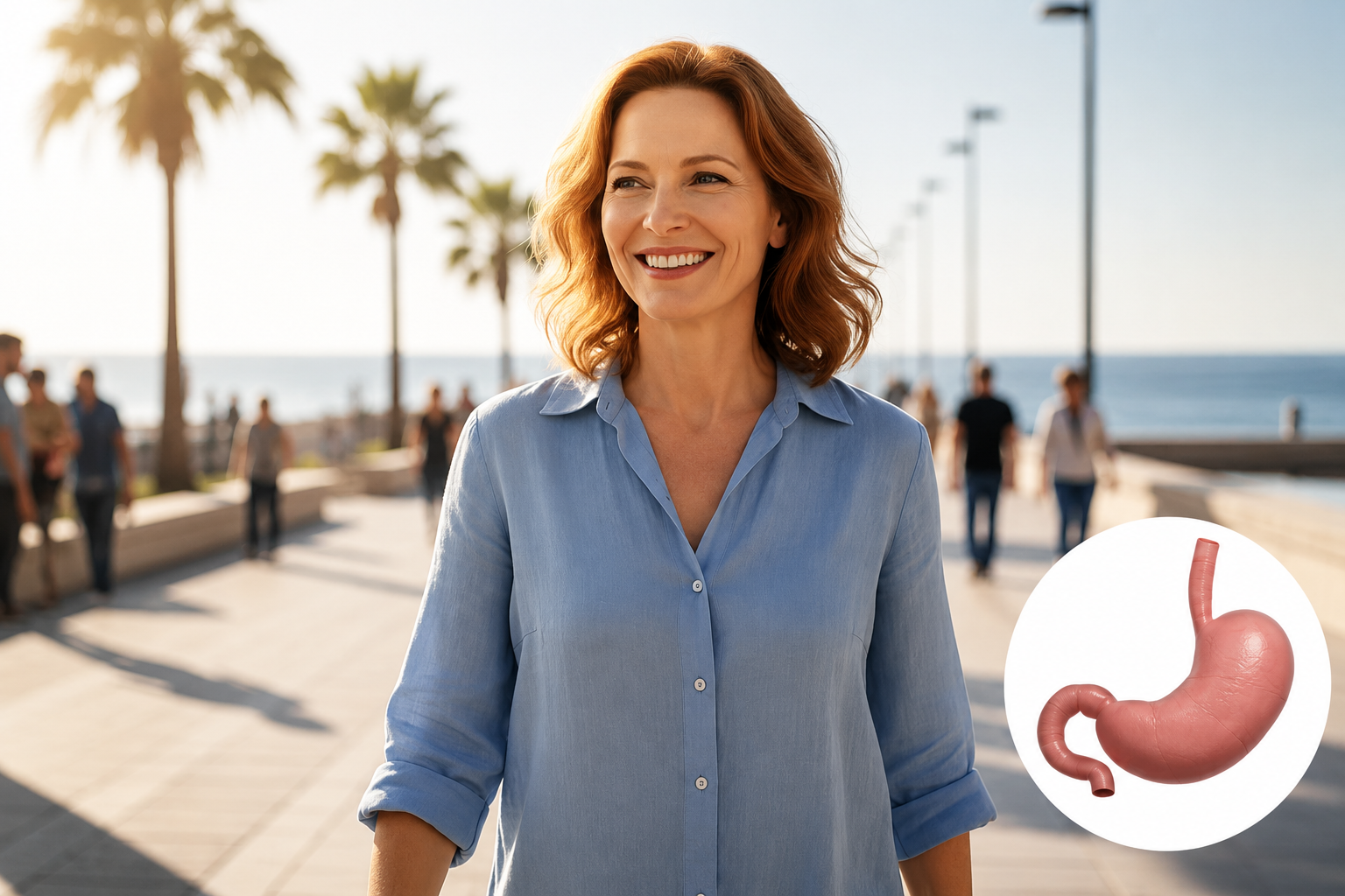 A smiling woman walks on a sunny boardwalk with an inset graphic of a stomach.