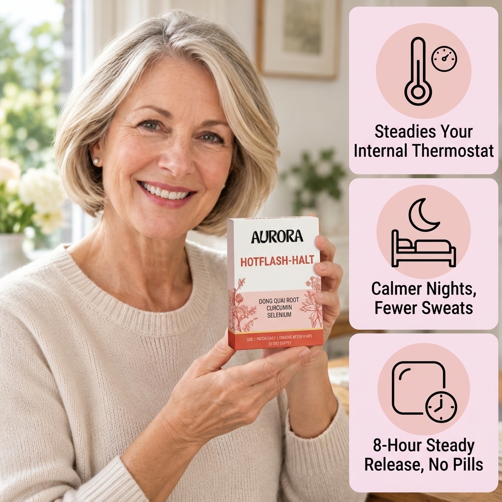 A smiling woman holds a box of Aurora Hotflash-Halt, with icons highlighting the product's benefits.