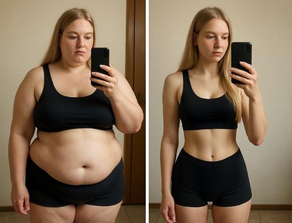 Two side-by-side images of a woman taking selfies in black workout clothes.