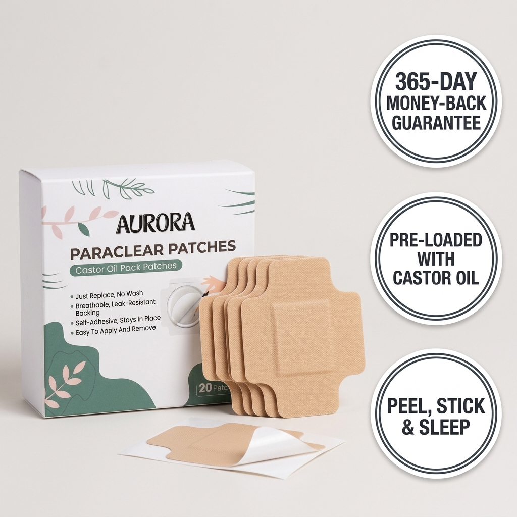 A box of Aurora Paraclear Patches with a stack of patches and several feature callouts on a white background.