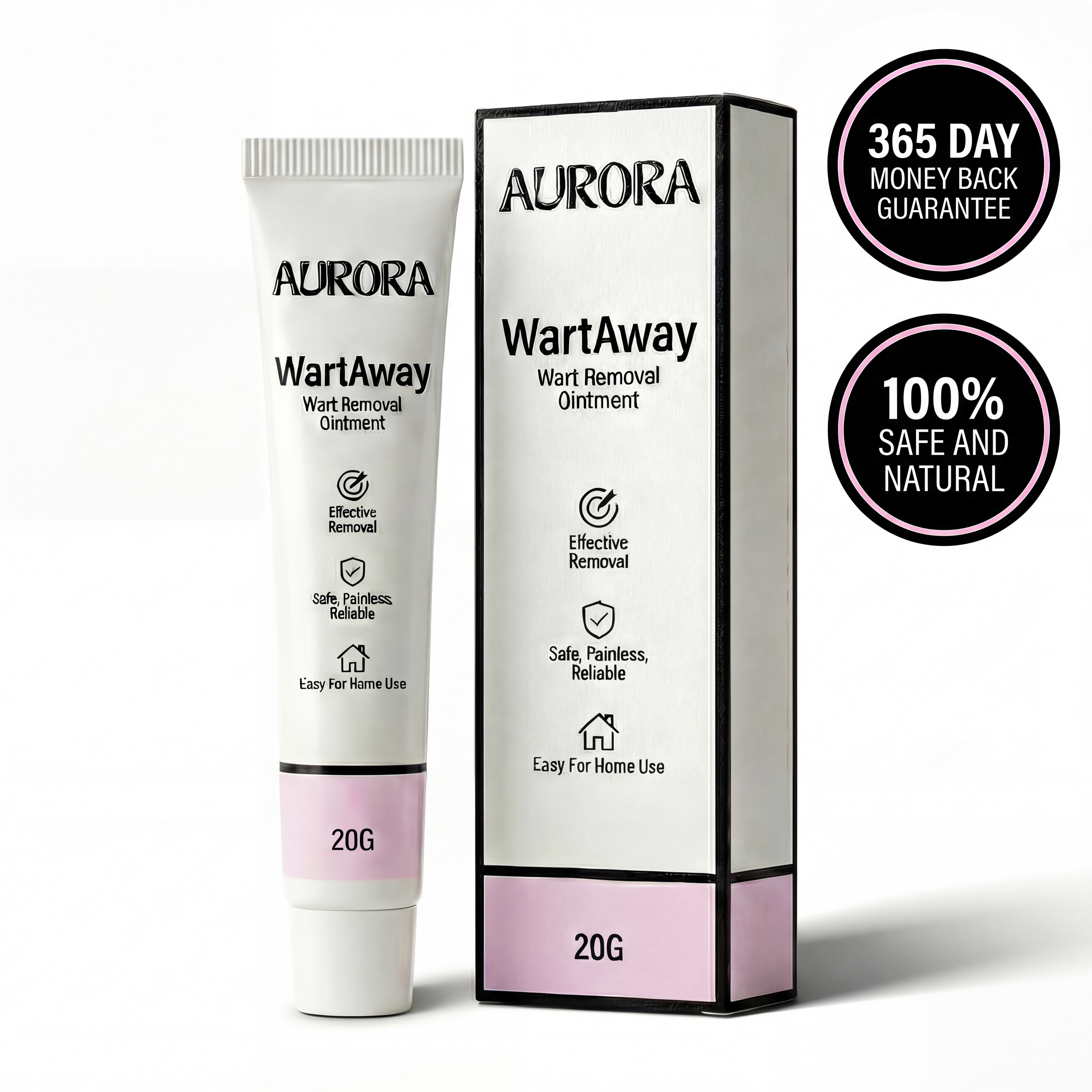 A tube of Aurora WartAway Wart Removal Ointment stands next to its box on a white background.