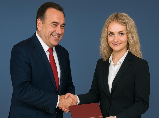 Two people in suits shaking hands, holding a document.