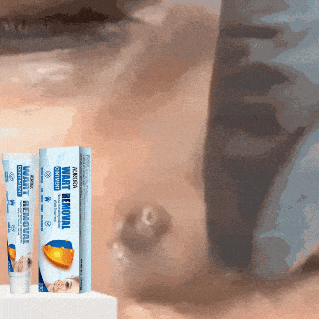 Wart removal ointment tube and box beside blurred background.