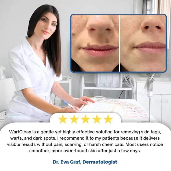 Woman in white coat with before-after skin treatment images and a five-star rating.