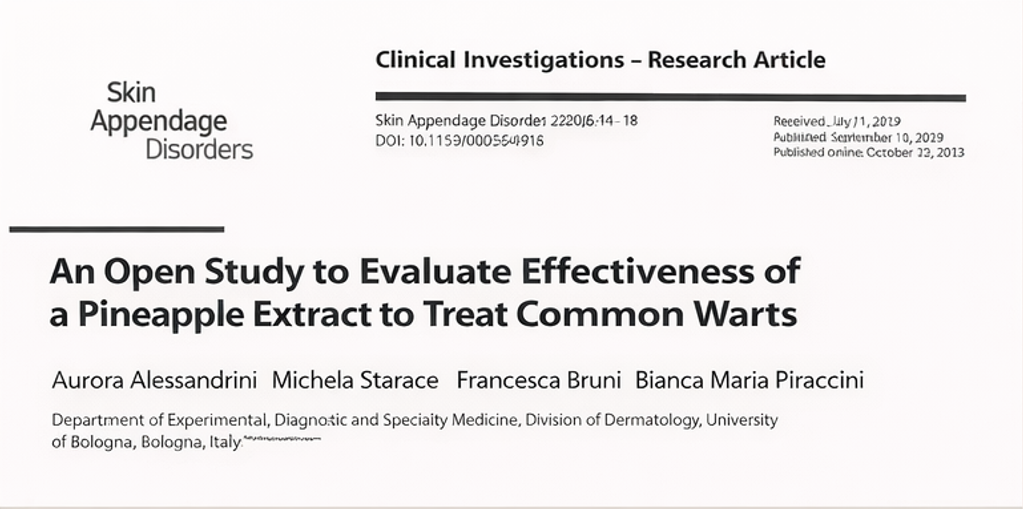 The title page of a research article on pineapple extract for treating common warts from Skin Appendage Disorders.
