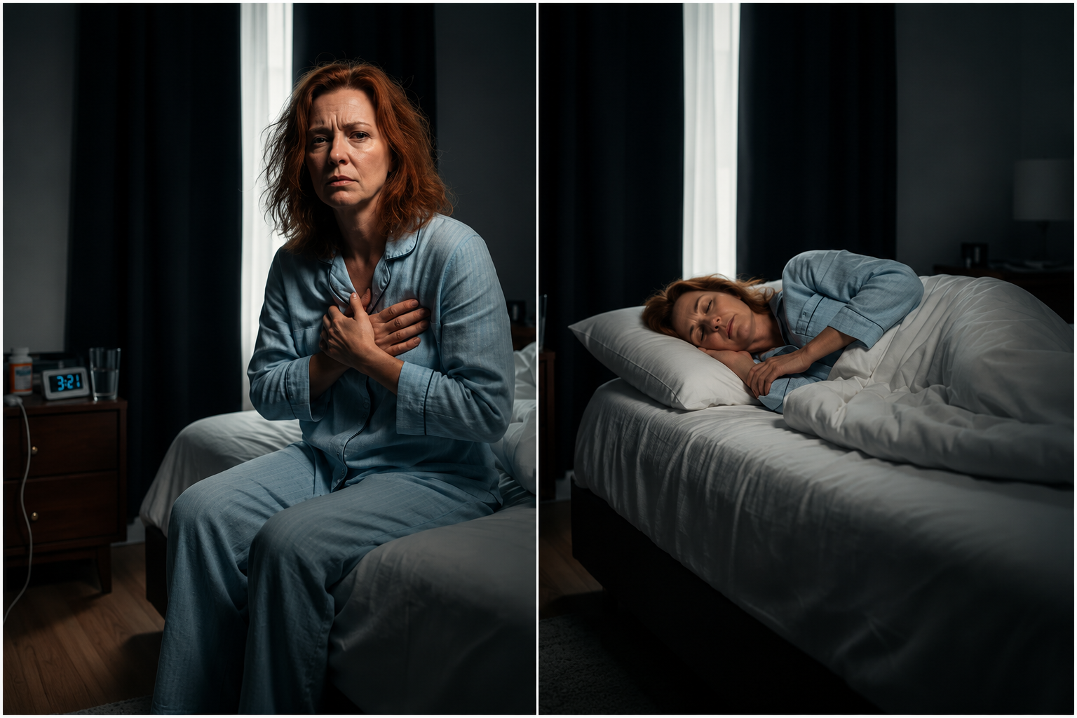 A split image showing a woman awake in bed looking distressed, and then sleeping peacefully.