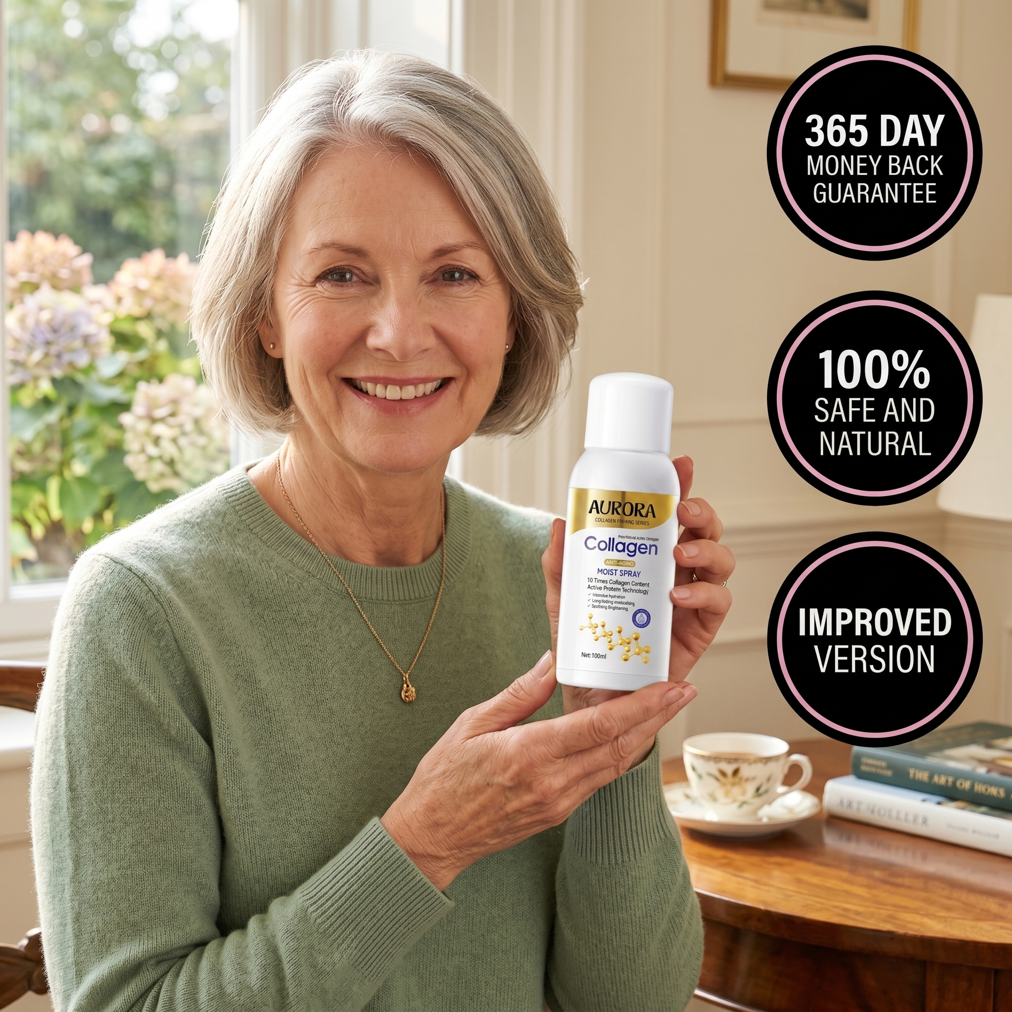 A smiling woman with grey hair holds up a white bottle of Aurora Collagen Moist Spray.