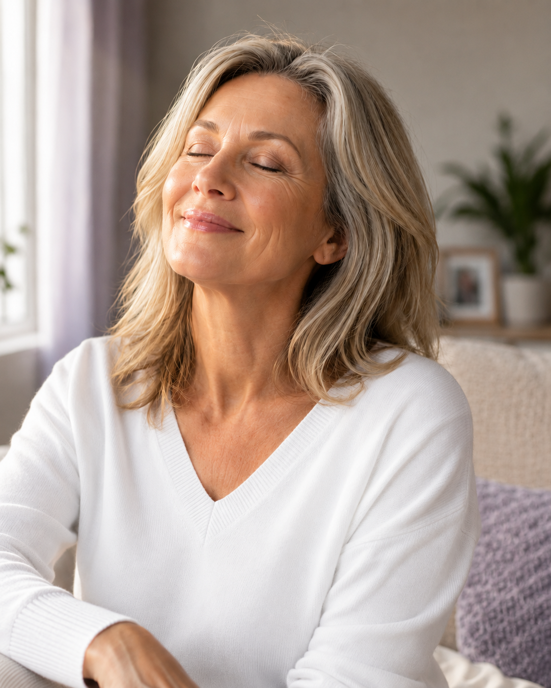 A relaxed woman with blonde hair and a white sweater sits with her eyes closed, smiling peacefully.