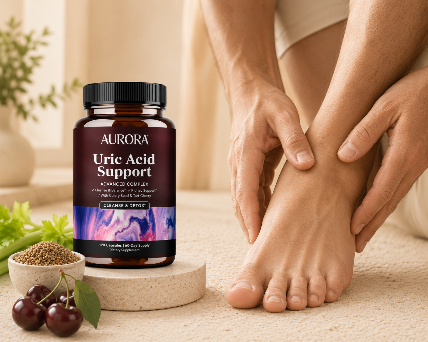 A bottle of Uric Acid Support supplements next to celery, cherries, and a person holding their foot.