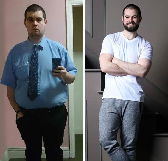 Side-by-side comparison of a man before and after weight loss.