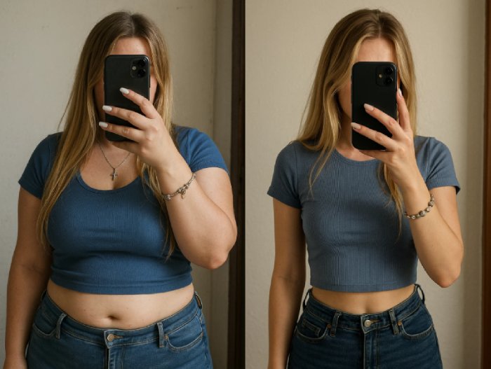 Two side-by-side mirror selfies of a person in a blue top and jeans.