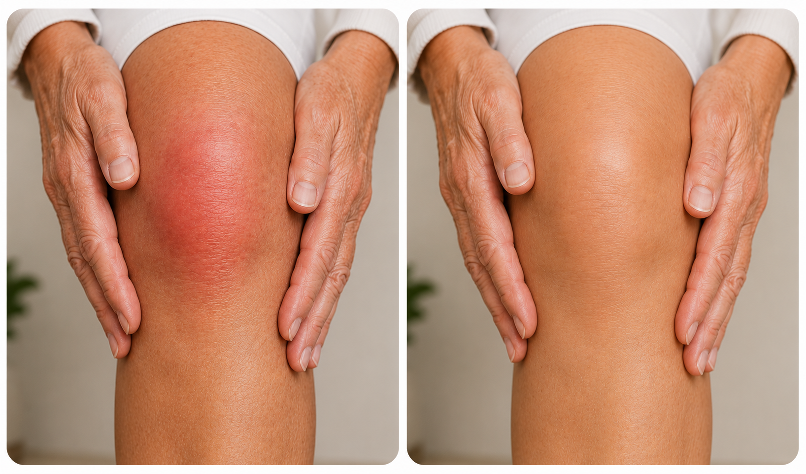 A side-by-side comparison of a red, inflamed knee and a normal knee, both held by a person's hands.