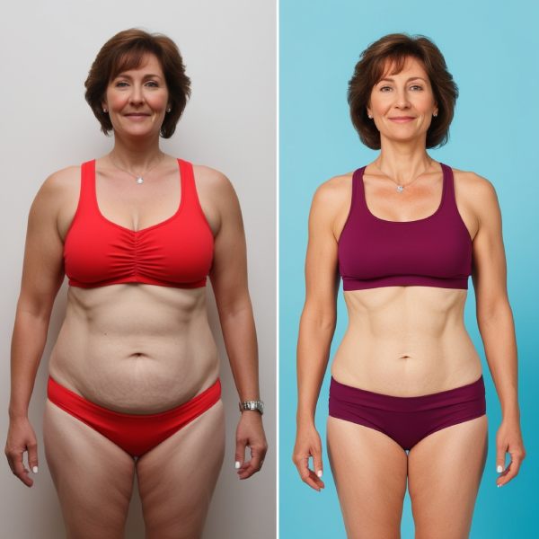 Side-by-side comparison of a woman in red and purple sportswear.