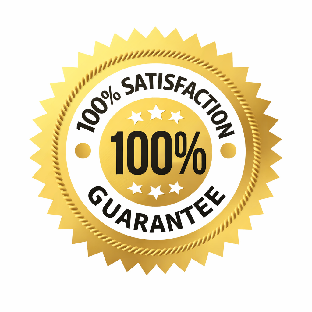 A gold seal graphic that says '100% Satisfaction Guarantee' with stars.