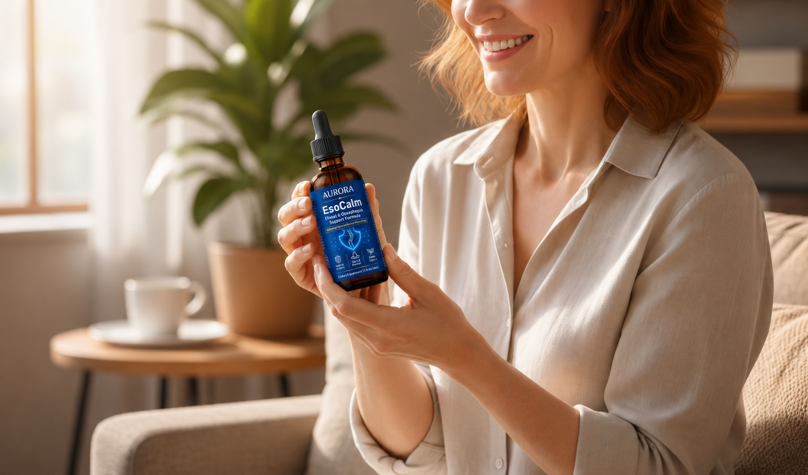 A smiling woman in a brightly lit room holds a brown dropper bottle labeled 'Aurora EsoCalm'.