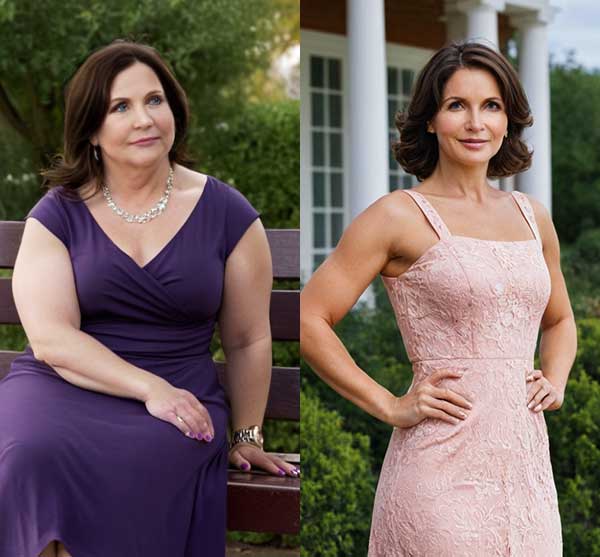 Two images of a woman in different dresses, sitting and standing outdoors.