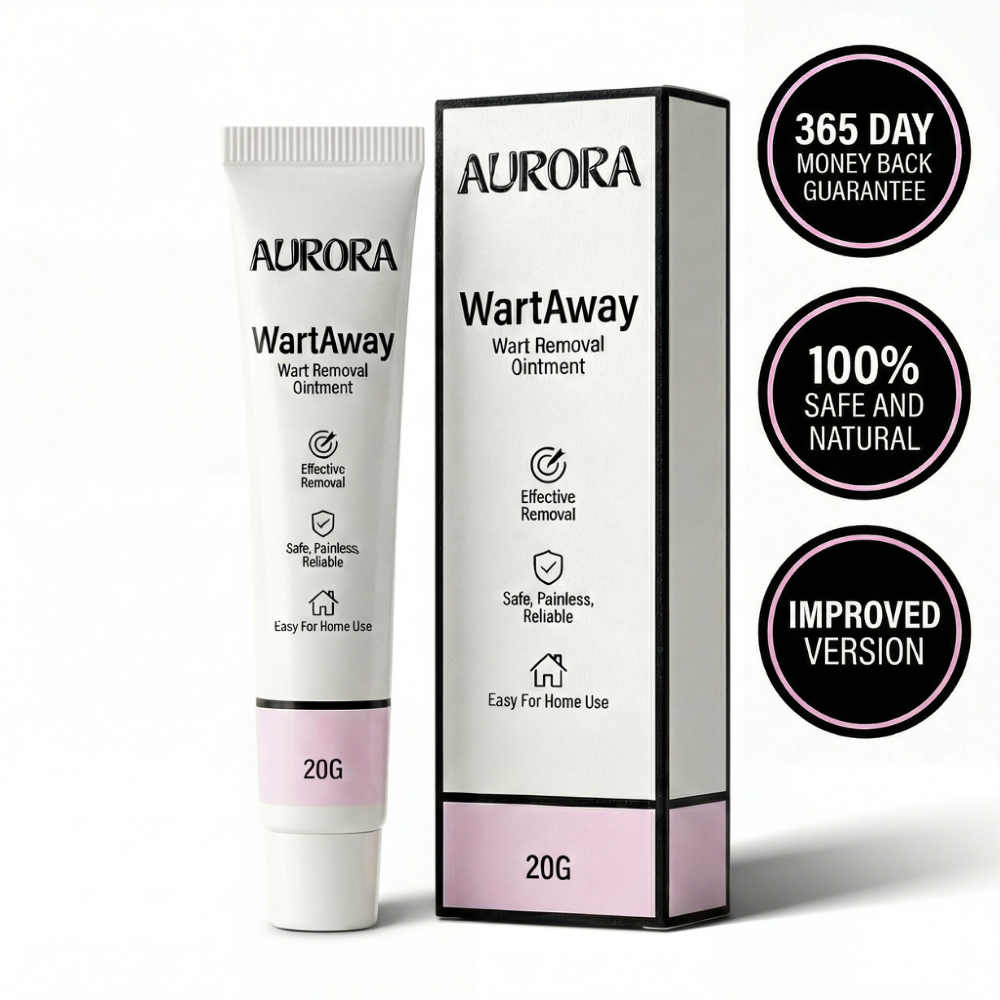 A tube and box of Aurora WartAway Wart Removal Ointment with promotional graphics on a white background.