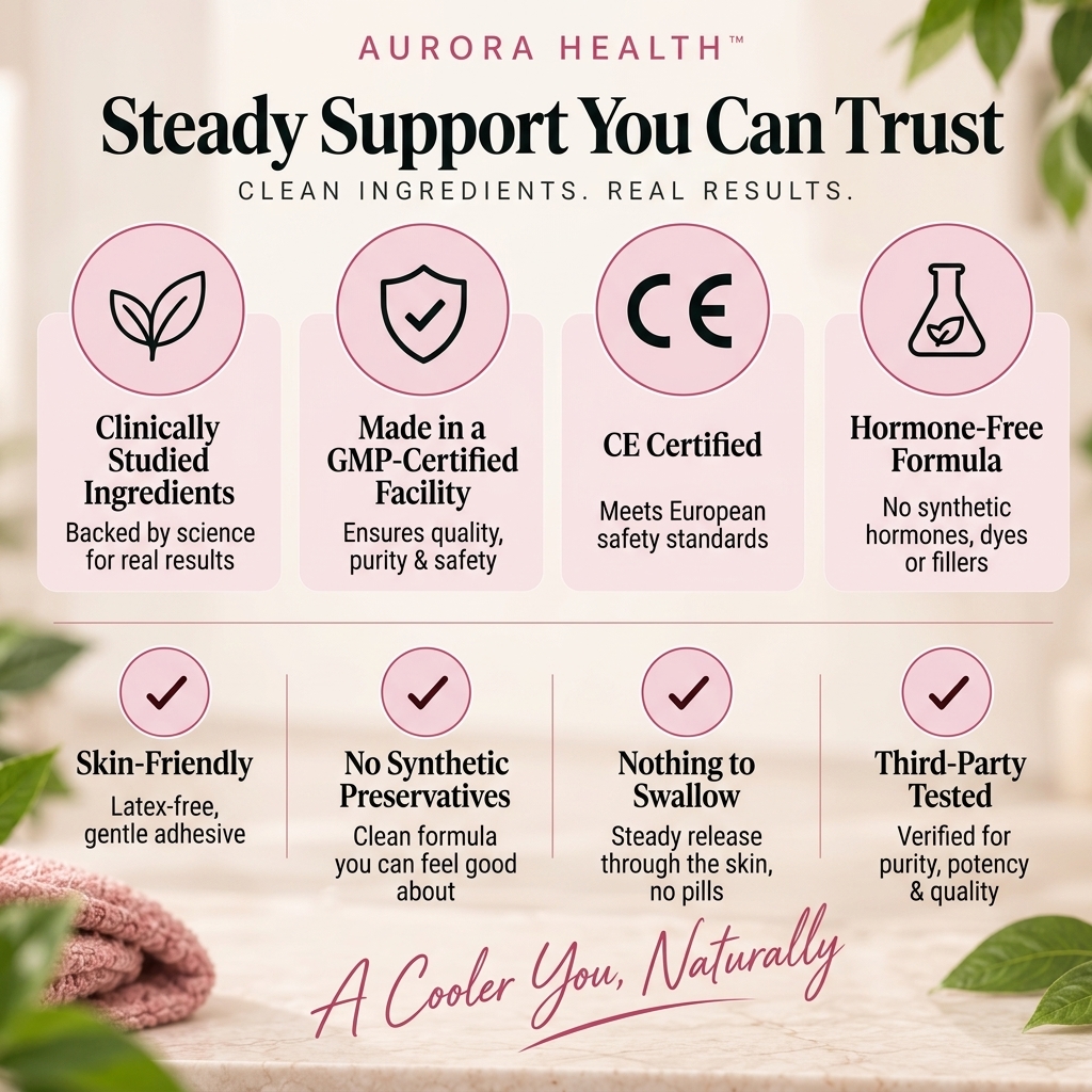 An infographic from Aurora Health listing eight product benefits, like 'Clinically Studied' and 'Hormone-Free Formula'.