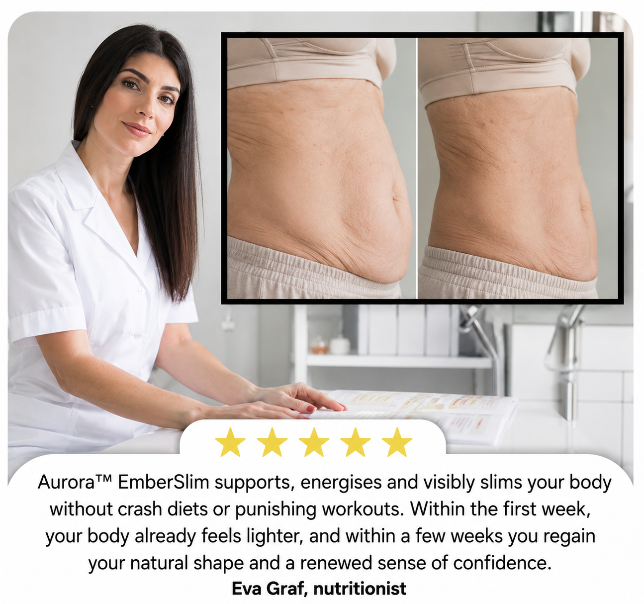 An advertisement showing a nutritionist, a before-and-after waist photo, and a testimonial for a slimming product.
