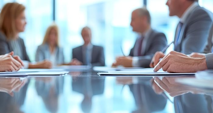 Blurred image of people in a business meeting around a table.