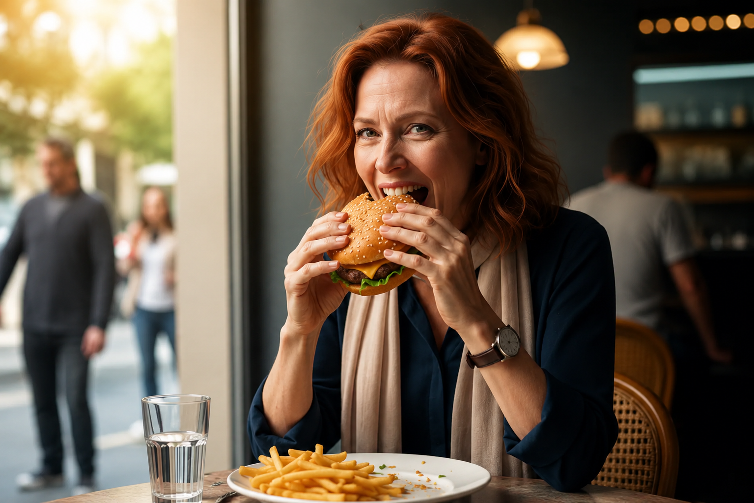 A smiling woman with red hair takes a bite of a cheeseburger in a restaurant.
