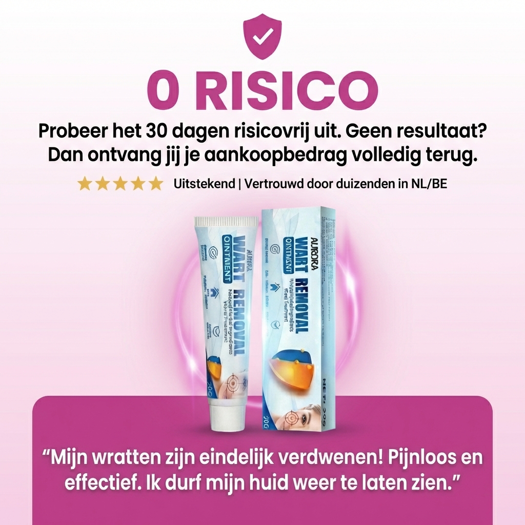 A promotional image for Aurora Wart Removal Ointment, showing the product tube and box with Dutch text.
