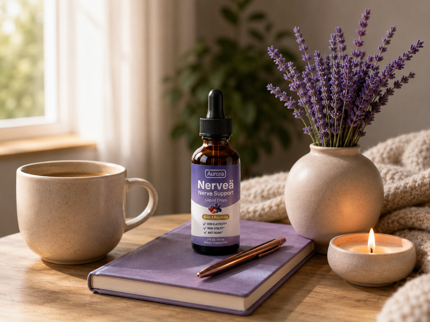 A bottle of Aurora Nerveä drops on a table with a notebook, mug, lavender, and a lit candle.