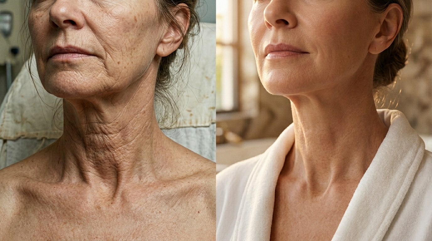 A before-and-after image showing a woman's neck, with a visible reduction in wrinkles and improved skin texture.
