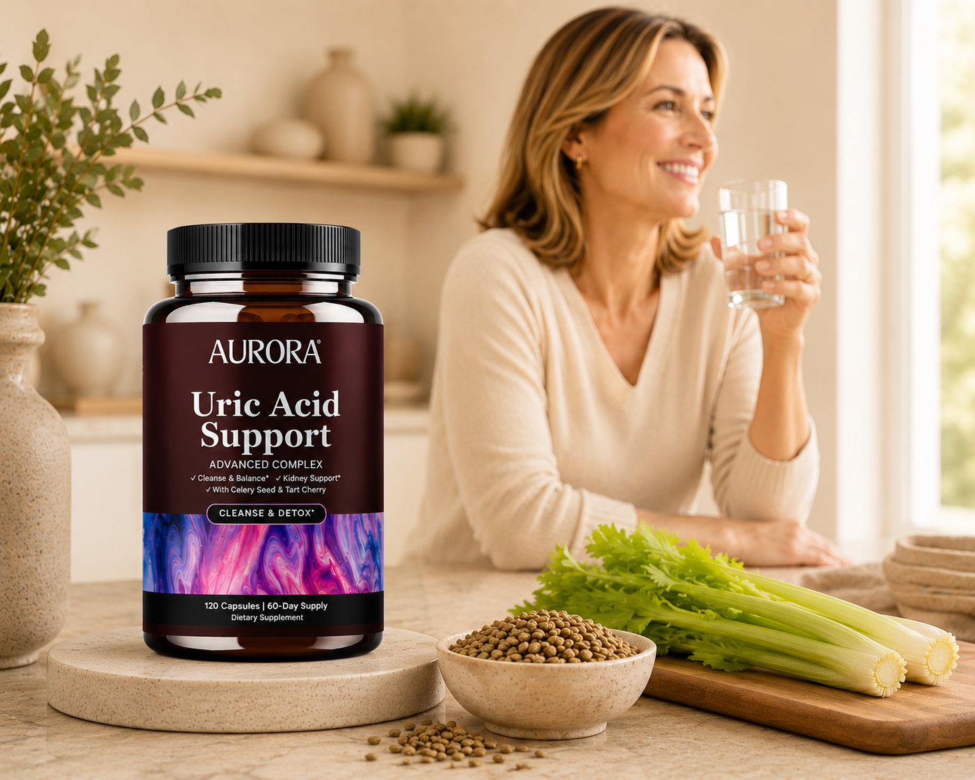 A bottle of Aurora Uric Acid Support supplements next to celery, seeds, and a smiling woman drinking water.