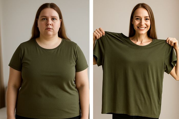 Two women in green shirts, one holding a larger shirt, both smiling.