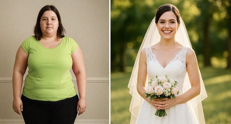 Two women side by side, one in casual wear, the other in a wedding dress.