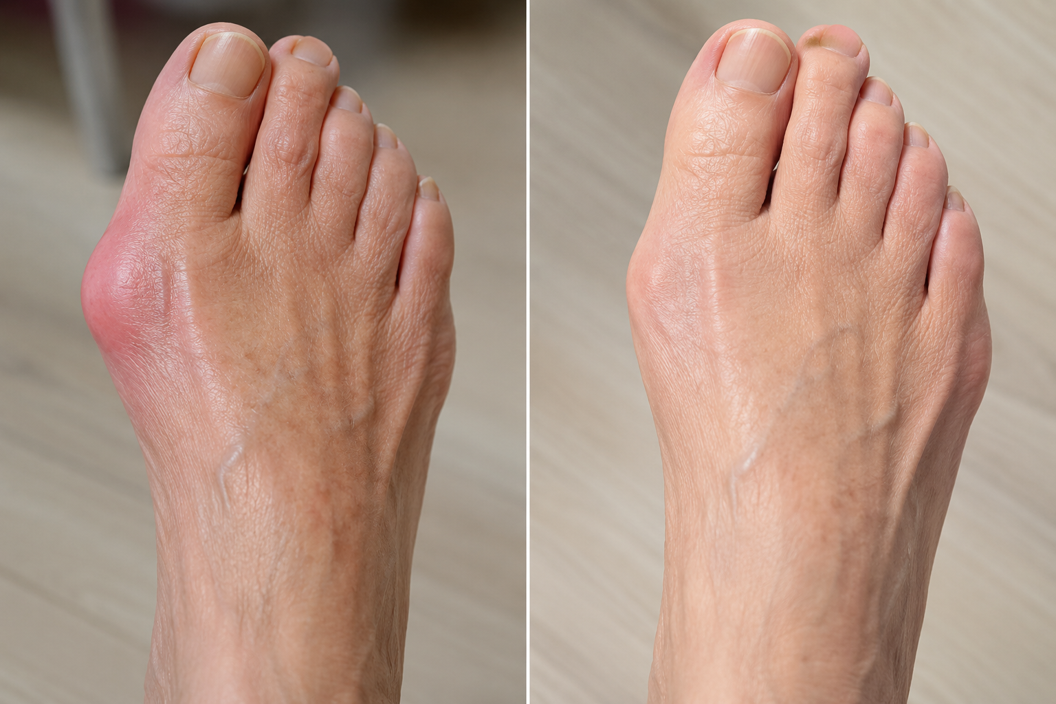 A before-and-after comparison of a foot, showing a large red bunion corrected in the second image.