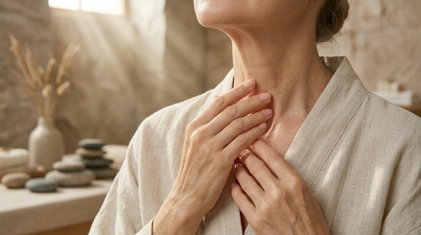 A close-up of a woman in a beige robe with her hands gently placed on her neck.