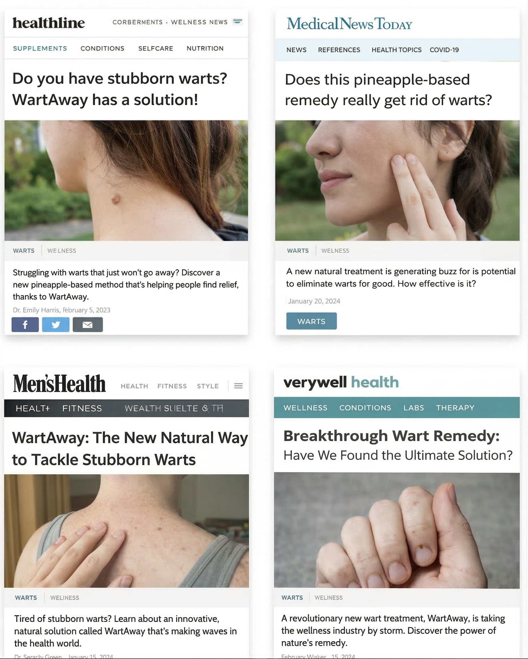 A collage of four online health articles about warts, from Healthline, Medical News Today, Men's Health, and Verywell Health.