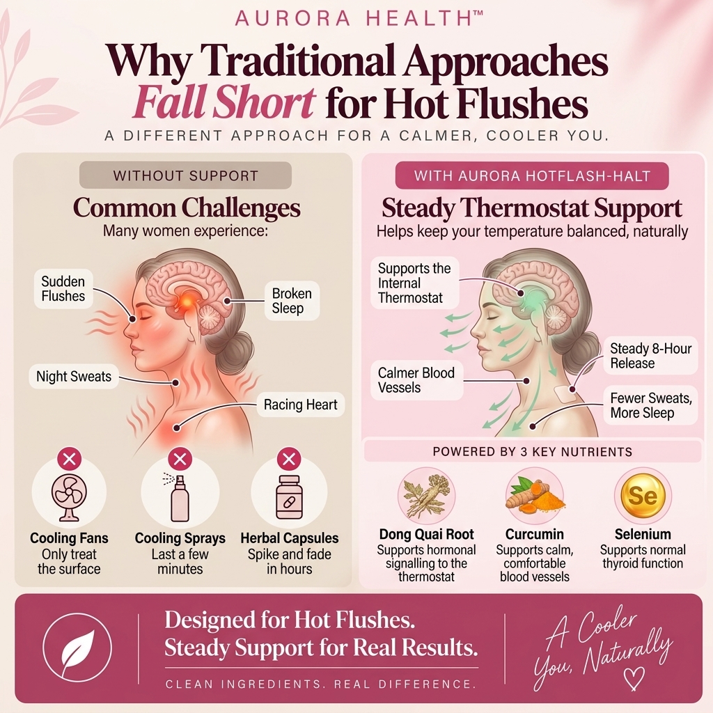 Infographic comparing the challenges of hot flushes to the benefits of a supplement with key nutrients.