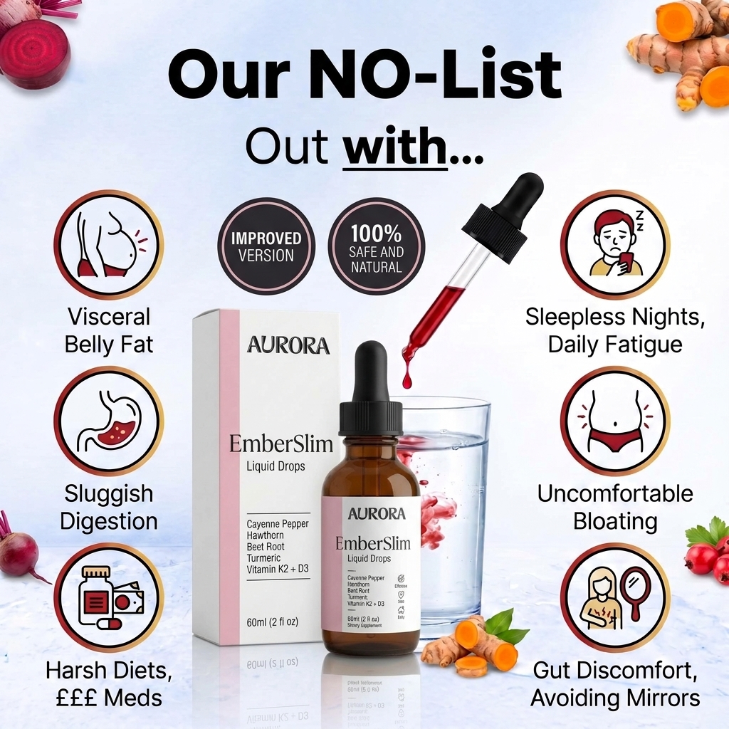 An advertisement for EmberSlim liquid drops, with icons illustrating various health ailments and ingredients.