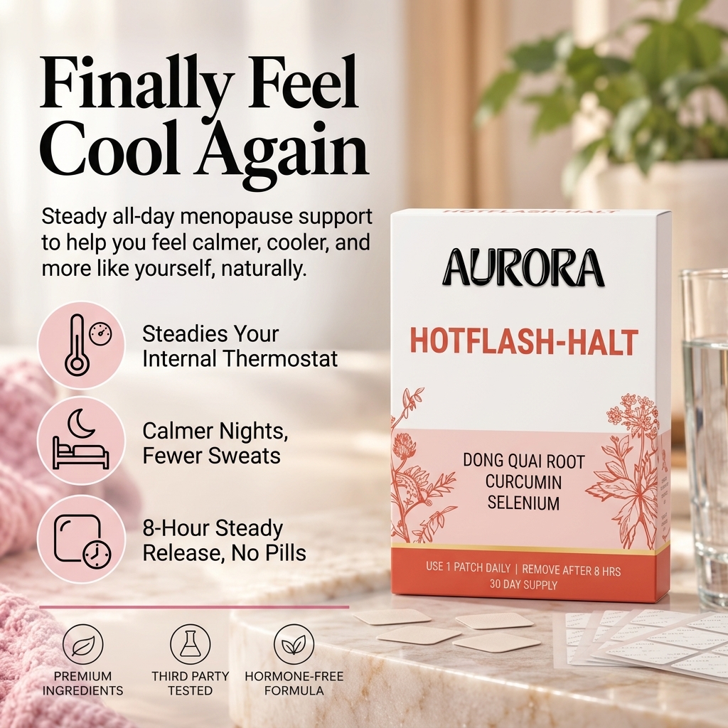 An advertisement for Aurora Hotflash-Halt menopause support patches, showing the product box and individual patches.