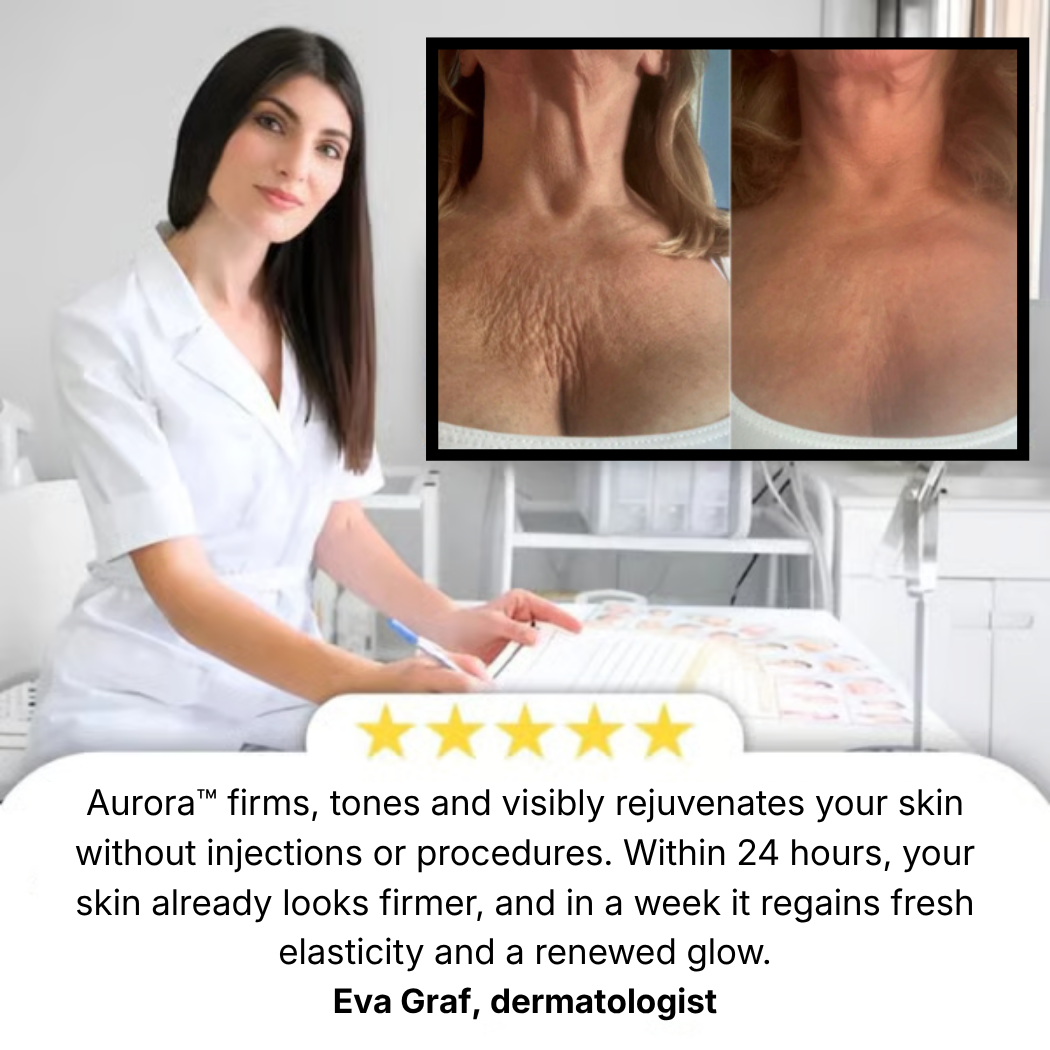 An ad showing a dermatologist, a five-star review, and before-and-after photos of reduced neck wrinkles.