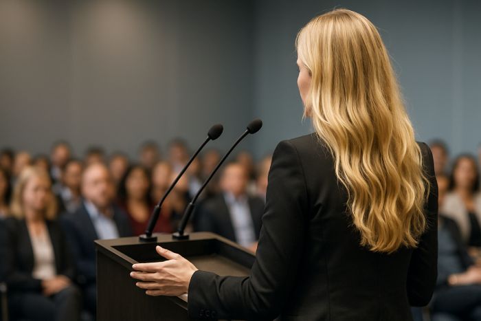 Woman with long hair speaking at a podium to an audience.