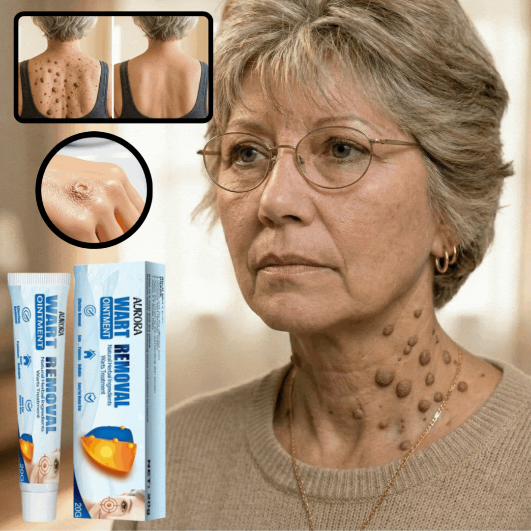 Woman with skin conditions, ointment for wart removal displayed.